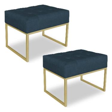 Imagem de Kit 02 Puffs Lisa Suede Azul Marinho Base Metálica Industrial Dourado