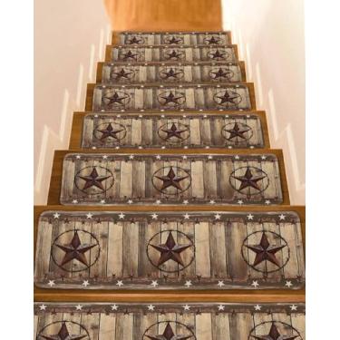 Imagem de Passos de escada 20,3 x 76,2 cm (15 peças), retrô Texas Western Star em madeira, corredores de escada interna, tapete de escada, escada antiderrapante de madeira rústica para crianças, idosos, animais