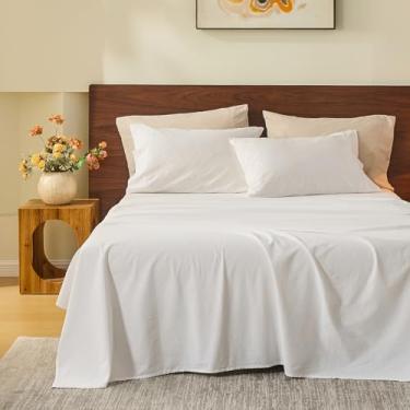 Imagem de MEISHANG Lençóis Queen Size 100% linho – Conjunto de lençóis respiráveis de 4 peças, linho durável ultramacio, naturalmente refrescante e absorvente de umidade com bolso profundo de 41 cm (branco)