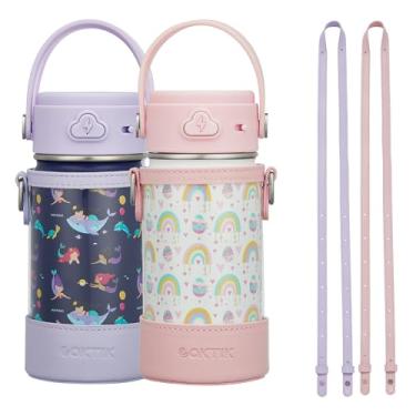 Imagem de COKTIK Garrafa de água infantil com canudo, copo de aço inoxidável isolado de 400 ml, tampa de bloqueio à prova de vazamento para escola, lancheira, esportes ao ar livre, estojo com alça de ombro