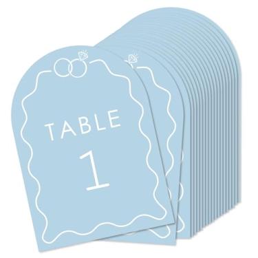 Imagem de Big Dot of Happiness Anéis de casamento azuis empoeirados números de mesa, decoração de festa de noivado e aniversário, centros de mesa de casamento, cartões de dupla face 12,7 x 17,8 cm, números de