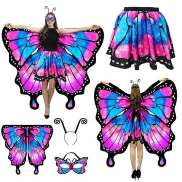 Imagem de Ziwijity Fantasias de asas de borboleta para mulheres, capa de borboleta de Halloween com saia para adultos, conjunto de festa de fantasia de fada, Azul-rosa, Tamanho Único