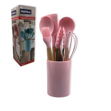 Imagem de Conjunto de Utensilios Completo Cozinha Talheres Silicone 8 Peças Rosa