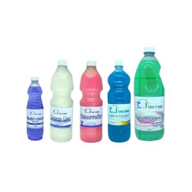 Imagem de KIT BANHEIRO BRILHANDO - CLORO GEL 1L + SABAO QUEROSENE 1L + DESINFETANTE 2L+ REMOVEDOR ROSA 1L+ ALCOOL 500ML