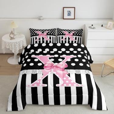 Imagem de jejeloiu Conjunto de cama com laço rosa para meninos e meninas, conjunto de edredom com estampa de letra X, tamanho solteiro, pontos brancos, monograma, estilo princesa romântica, iniciais X