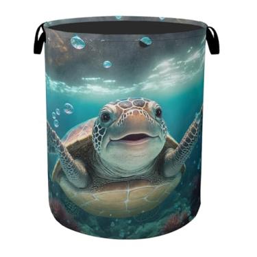 Imagem de Cesta de roupa suja dobrável de lona fofa de tartaruga marinha com alças - organizador de brinquedos, resistente para casa, quarto, dormitório, banheiro