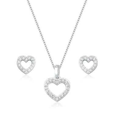 Imagem de Conjunto Colar e Brinco Coração em Prata 925, Cravejado com Zircônias, Pingente e Brinco de Coração, Presente Feminino