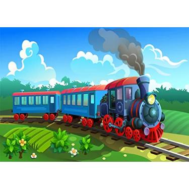 Imagem de BELECO Tecido de 1,5 x 0,9 m desenho animado locomotiva a vapor trem fotografia pano de fundo azul trilho ferroviário verde colinas árvores céu azul nuvens fundo tema de trem infantil decoração de