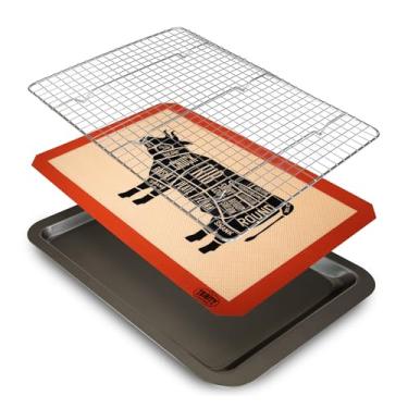 Imagem de Trinity Provisions Assadeira de descanso de carne – com grade de arame e tapete de silicone – Aço inoxidável seguro para lava-louças e forno, para cozinhar e resfriar bifes, churrascos, bacon e mais