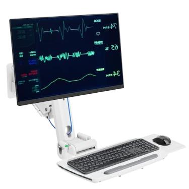 Imagem de MED2H Estação de trabalho médica resistente com suporte de parede com bandeja de teclado dobrável e mouse pad deslizante | Ajuste de altura economiza espaço design dobrável para tela de 43.2 cm-124.5