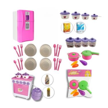 Imagem de Kit 37 peças Cozinha Infantil com Geladeira Rosa, Fogão, Utensílios e Acessórios, eletrodomesticos, menina, comidinhas, brinquedo
