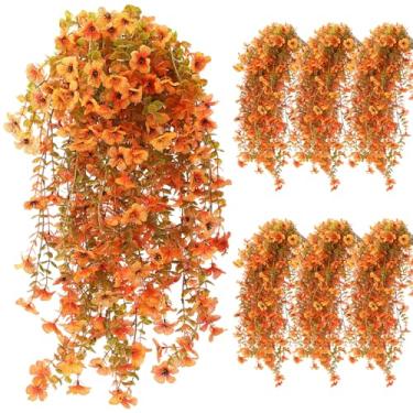 Imagem de FineCheer 6 peças de flores artificiais para pendurar no outono plantas de seda para mães decoração de outono violeta sintética com eucalipto realista resistente a UV trepadeira de ação de graças (cor