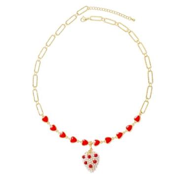 Imagem de Kokoma Colar feminino com pingente de pérola e morango, corrente de coração vermelho esmaltado, colar gargantilha de frutas doces, joia fofa