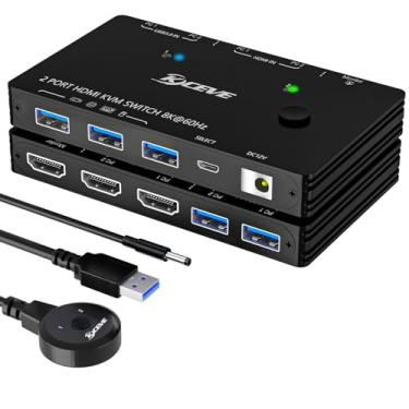 Imagem de Comutador HDMI 2.1 KVM, interruptor KVM de 8 K a 60 HZ, 1 monitor, 2 computadores para 3 dispositivos USB, seletor de 2 portas com controle com fio e adaptador de alimentação