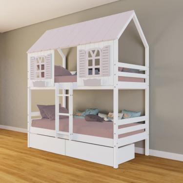 Imagem de Beliche Casinha Bela com 2 Gavetas - Madeira Maciça Branco/Rosa | Housin