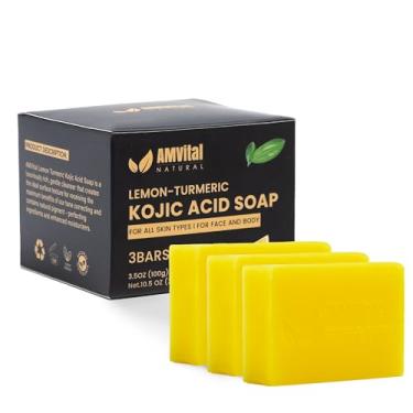 Imagem de AMVital Sabonete em barra de ácido kójico de açafrão limão – pacote com 3 sabonetes em barra para rosto e corpo à base de plantas – Sabonete diário suave para todos os tipos de pele – Presente vegano