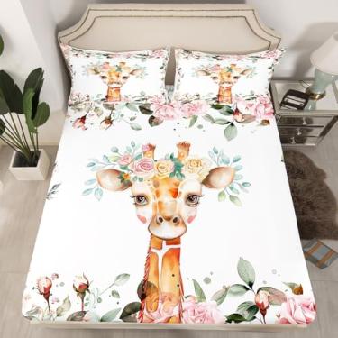 Imagem de Erosebridal Jogo de lençol solteiro fofo de girafa, rosa rosa, estampa de animais e flores florais, animais selvagens, girafa selvagem, decoração de quarto botânico, 2 peças