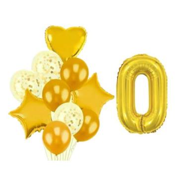 Imagem de Buque 10 Balões Coração Estrela -1 Número Metalizado Dourado - Partiuf