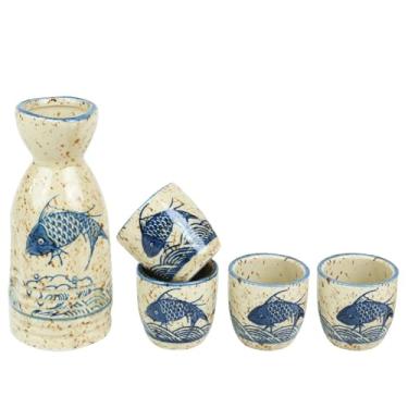 Imagem de PUNNIO Conjunto de saquê de cerâmica, conjunto de 5 peças de saki japonês com 1 jarra de saquê, 4 xícaras de saquê, conjunto de copos de saquê como presente para saquê vinho japonês/saquê de saquê/chá