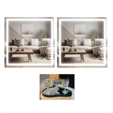 Imagem de Kit 2 Espelhos Quadrado Jateado Com Led Touch 40x40 Aparador Decorativo Lavabo + Bandeja (Frio)