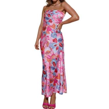 Imagem de Vestido maxi Realtix Summer com estampa de cetim sem encosto para mulh
