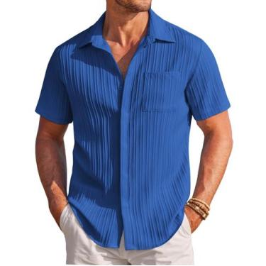 Imagem de Camisa masculina COOFANDY com botões, manga curta, linho azul