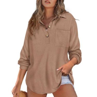 Imagem de Top RITERA Waffle Knit com decote em V Henley Plus Size marrom GG
