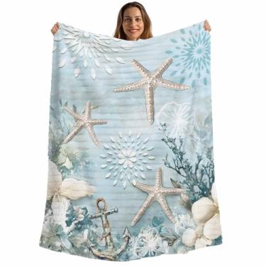 Imagem de Cobertor de oceano azul, cobertores macios macios e fofos de estrela do mar costeira para sofá-cama viagens, cobertores de flanela listrados de microfibra de pelúcia com flores, cobertores de sofá