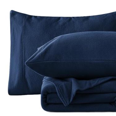 Imagem de Love's cabin Jogo de lençol solteiro de microlã – Jogo de cama de lã polar supermacia azul escuro com bolso profundo de 40,6 cm, aconchegante para a estação fria (1 lençol de cima, 1 lençol com