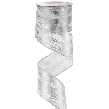 Imagem de MEEDEE Fita metálica prateada de 6,5 cm com borda com fio de casca de bétula de 10 jardas para árvore de Natal, suprimentos de guirlanda para porta da frente, embrulho de presente e decoração de festa