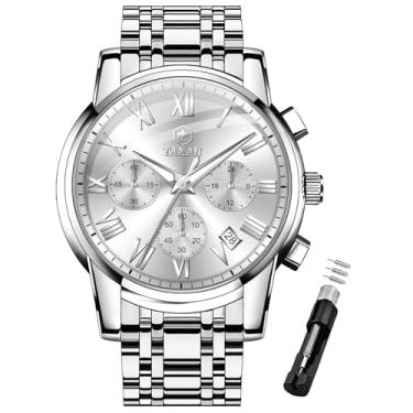 Imagem de Taxau Relógio masculino masculino à prova d'água, luxuoso, cronógrafo, de aço inoxidável, analógico, quartzo, com data, multifunções, número romano, luminoso, reloj para Hombre, Relógio prata -