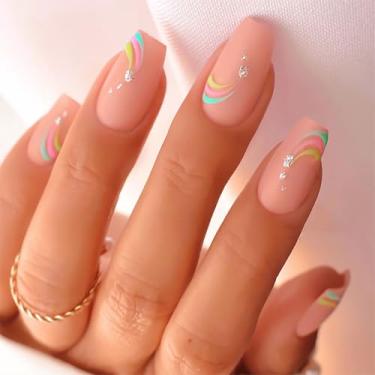Imagem de RUOKEXIN Unhas postiças de comprimento médio, unhas postiças rosa com desenhos de glitter, unhas artificiais de acrílico, cobertura completa, cola, pregos, pregos, 24 peças