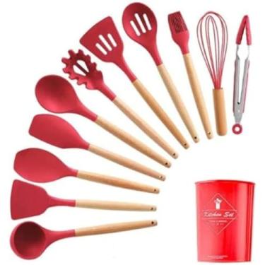Imagem de Colher De Silicone Com Cabo De Bambu - Kit 12 PeçAs UtensíLios Naturais | NãO Risca Panelas | Presente Para Chá De Panela(Kit 12 Peças Utensílios-vermel)