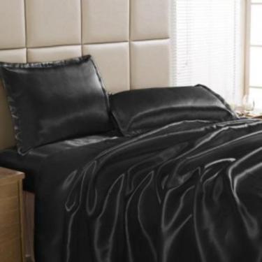 Imagem de Jogo Lençol Casal King Cetim Seda Preto Com Vira 4 Peças