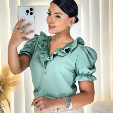 Imagem de Blusa Feminina Social Manga Curta Bufante com Gola V Babado - G-Store,