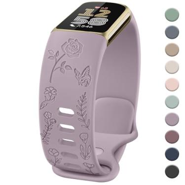 Imagem de Pulseira com gravação floral compatível com Fitbit Charge 6/5, mulheres e homens, pulseiras de substituição macias para Fitbit Charge 6/5 Advanced Fitness & Health Tracker (roxo claro)