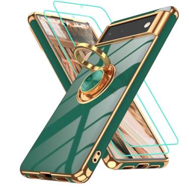 Imagem de Gritup Capa para celular Google Pixel 6: 2 peças, protetor de tela, suporte de anel de rotação de 360°, suporte magnético, borda dourada, capa protetora à prova de choque de TPU macio para telefone