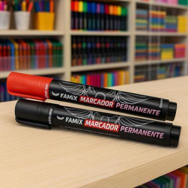 Imagem de Kit 2 Marcadores Permanentes Famix  Escolha a Cor, 1 PRETO E 1 VERMELH