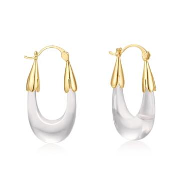 Imagem de YESLADY Brincos de argola de acrílico para mulheres, argolas grossas de resina banhada a ouro, brincos redondos ovais de lágrima leves, hipoalergênicos, divertidos, modernos, joias modernas, Metal