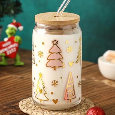 Imagem de Copos de vidro de Natal 473 ml Copos de café gelado com tampas e canudos, copos de bebida, copos de vidro, garrafas de água, presente para mulheres, crianças, homens, pote de lata de bebida, presentes