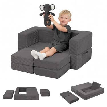 Imagem de MeMoreCool Sofá infantil modular, sofá infantil de veludo cotelê para móveis de sala de jogos, sofá-cama infantil de espuma conversível, sofá de bebê dobrável para meninas e meninos, cinza escuro