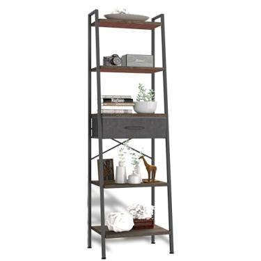 Imagem de Whitmor Estante de 5 camadas com gaveta, estante alta e estreita com prateleiras de madeira e moldura de metal, prateleira de armazenamento moderna para sala de estar, quarto, banheiro, cozinha, preta