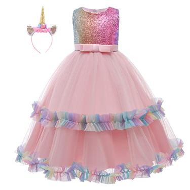 Imagem de HOIZOSG Vestido de tule para meninas, unicórnio, arco-íris, aniversário, Halloween, Natal, concurso, festa de dança, vestido de baile com faixa de cabeça, Lantejoulas (rosa), 8-9 Anos