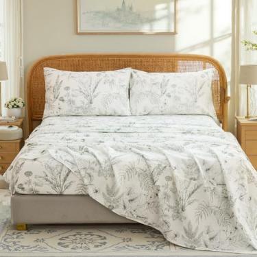 Imagem de Cozaline Jogo de cama Queen 100% algodão – Jogo de cama floral de jardim chique de 4 peças, tecido percal respirável macio, lençol com elástico alto 44,5 cm, sensação fresca, elegância botânica