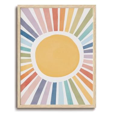 Imagem de KISSFOX Arte de parede em tela de sol arco-íris linda arte de parede emoldurada de madeira de carvalho arte de parede lindas imagens coloridas decoração de parede Boho Sunburst impressões de arte para