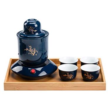 Imagem de JOEUQK Conjunto de saquê de cerâmica, conjunto de saquê com aquecedor de copo e bandeja, conjunto tradicional de Saka quente, 9 peças, incluindo 1 caneca de aquecimento, 1 pote de saquê, 5 peças de