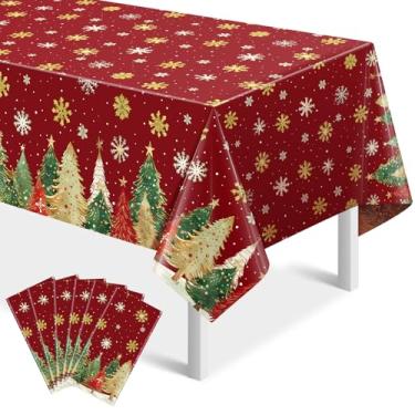 Imagem de YIDAKO 6 peças de toalhas de mesa descartáveis de Natal, retangulares, árvores de Natal, toalha de mesa de plástico vermelho, capa de mesa impermeável de flocos de neve de inverno para decorações de