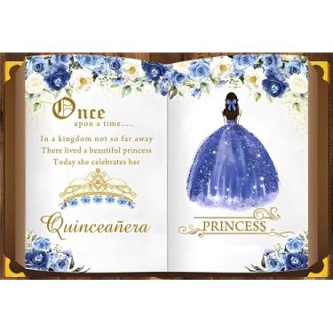 Imagem de Yeele Vestido de 2,1 x 1,5 m de princesa de quinze anos de fundo azul floral com glitter, livro de histórias de contos de fadas, fundo de fotografia de 15 anos, para decoração de festa de quinze anos