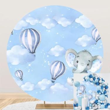 Imagem de Leyiyi Fundo redondo para chá de bebê, 2 x 2 metros, céu azul, nuvens, balão de ar quente, glitter, decoração de chá de bebê, decoração de chá de bebê, tema de elefante, decoração de festa de