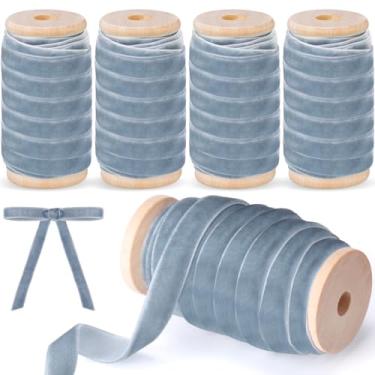 Imagem de Chuangdi Conjunto de fitas de veludo de Natal com 4 rolos de 3/20.3 cm vintage com acabamento em tecido de carretel de madeira para embrulho de presente de Natal, decoração de guirlanda, enfeites de